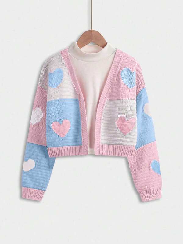 Style Knitted Cardigan For Older Girls Features Love - Shaped Color Blocking In Pink And Purple, Presenting A Sweet And Cute Style. Designed For Big Girls, It Has Regular Long Sleeves And A Moderate Thickness, Ideal For Spring And Autumn. As A Knitted Cardigan Category, It's A Top Choice For Daily Casual Wear, Meeting The Need For Simple And Clear Daily Dressing.