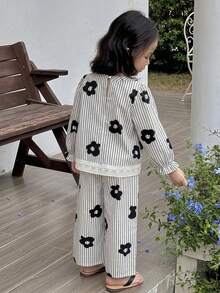 Dazy Kids 女童秋季圓領滿版印花無袖上衣＋長褲梭織春夏季兩件套 - 黑色 - 查看 4