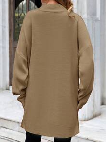 EURMUSE Plus Size Plain Color Side Slit Knitted Sweater, Casual For Autumn/Winter - Brown - View 2
