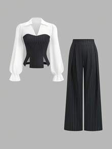 Sweetra Autumn New Classic Black & White Color Block Patchwork Polo Collar Design Fashion Commuter Style Women's Elegant Outfit - Black and White - View 1