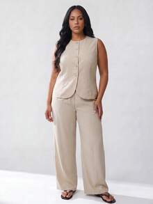 Solavibe Plus Size Women Solid Color Single-Breasted Button Up Shirt Top And Pants Casual Elegant Everyday 2 Pieces Set Dinner Office Formal Grey Summer - Khaki - View 4