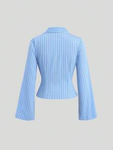 Sweetra Women's Wide Narrow Striped Woven Flared Sleeve Long Sleeve V-Neck Shirt Twisted Waist Turn-Down Collar Teachers' Day Work Navy Blue Autumn Casual - Blue - View 2