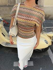 Serisse Chic Boho Striped Beige Knit Hollow Out Tee Summer Vacation - Multicolor - View 5