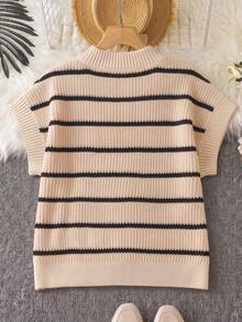 Calvaya Plus Size Striped Print Casual Daily Wear Short Sleeve Knit Top For Summer - Apricot - View 2