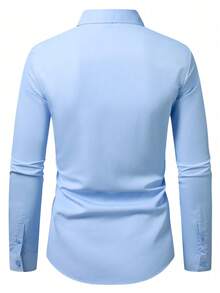 Manfinity Mode Men's Casual Simple Business Front Button Pocket Long Sleeve Shirt, Autumn, Formal, Ceremony - Blue - View 2
