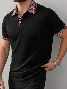 DAZY Men's Short Sleeve Slightly Loose Fit T-Shirt With Contrast Color Patchwork Collar Summer - Black - View 3