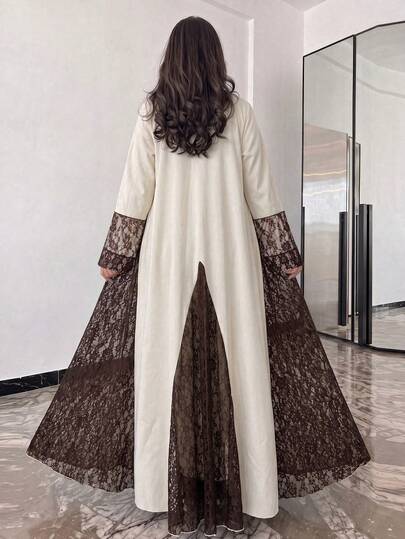 Yasmyna Áo Abaya nữ màu kaki vải dệt tay dài, xẻ gấu, phối ren nâu, phong cách thanh lịch thường ngày