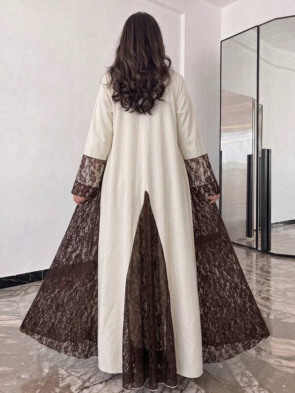Yasmyna Women's Khaki Woven Long Sleeve Hem Slit Brown Lace Patchwork Elegant Casual Abaya