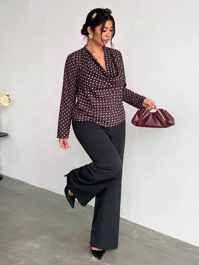 Firerie Brown Polka Dot Plus Size Draped Neck Draped Collar Long Sleeve Loose Fit Vintage Minimalist Elegant Women's Blouse/Vintage-Style Top Elegant Work Top