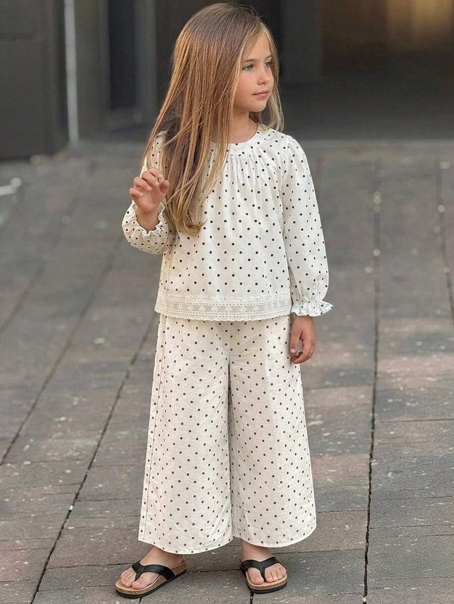 Dazy Kids Pakaian Musim Gugur untuk Anak Perempuan: Kemeja Lengan Panjang Berkerah Bulat dengan Motif Seluruh Permukaan + Celana Panjang Tenun, Set 2 Potong untuk Anak Perempuan Musim Semi/Panas - Merah - View 1