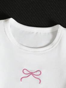 SHEIN 2件組女嬰幼兒/新生兒0-3歲可愛休閒居家/外出條紋蝴蝶結3D蝴蝶結T恤上衣+條紋長褲套裝，莫蘭迪藍嬰兒服飾，春/夏 - 粉色 - 查看 7
