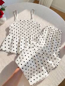 SHEIN 女童編織波點細肩帶上衣與長褲兩件套 - 白色 - 查看 2