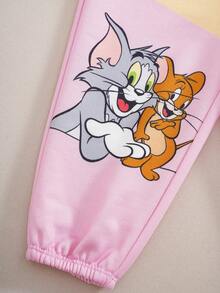 TOM & JERRY X SHEIN 女嬰字母印花長袖運動衫與運動長褲休閒套裝 - 粉色 - 查看 7