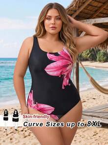 SHEIN CURVE+ 2026 Plus Size Floral Print One-Piece Swimsuit For Beach & Resort - Pink - View 1