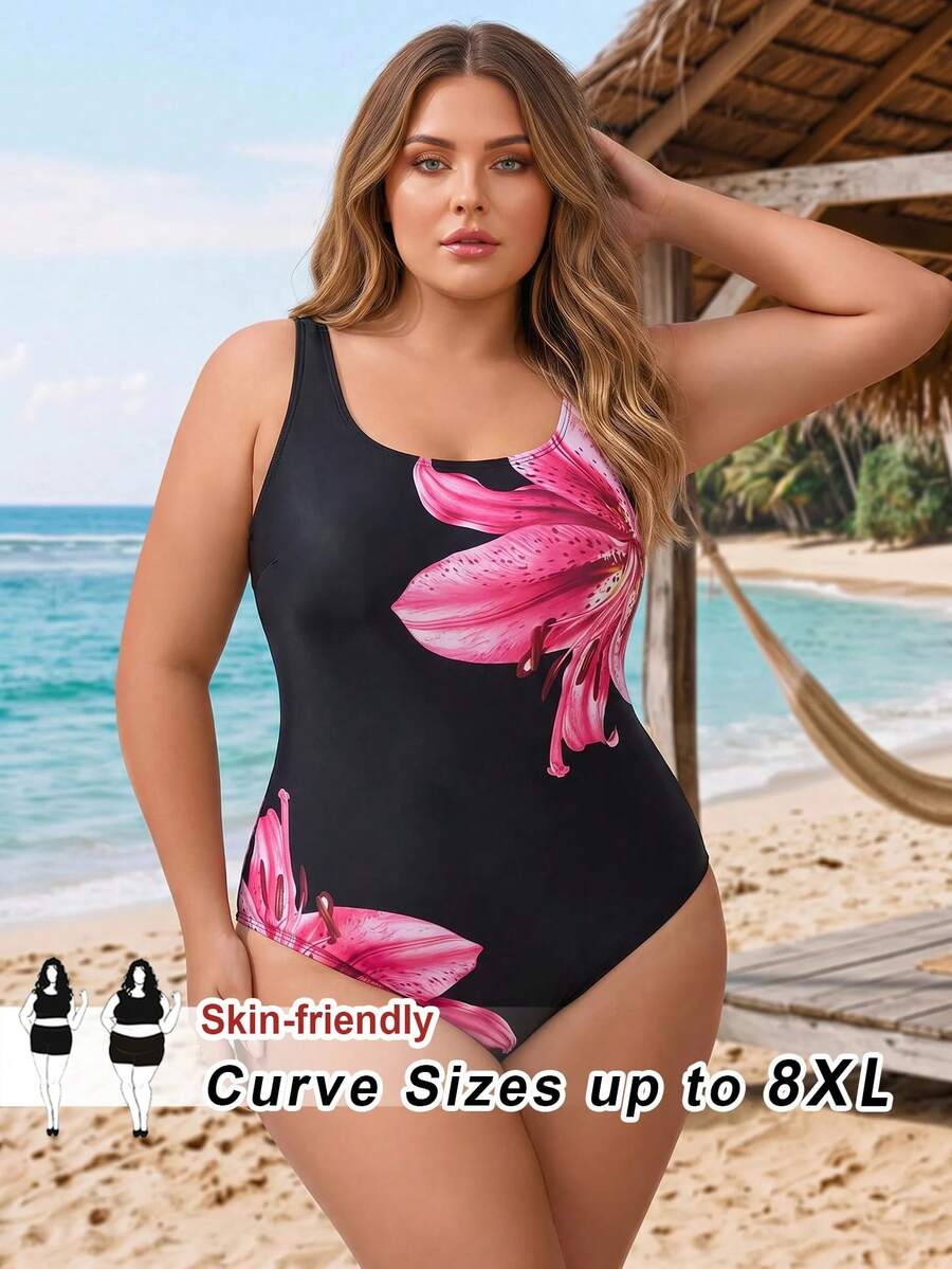 SHEIN CURVE+ 2026 Plus Size Floral Print One-Piece Swimsuit For Beach & Resort - Pink - View 1