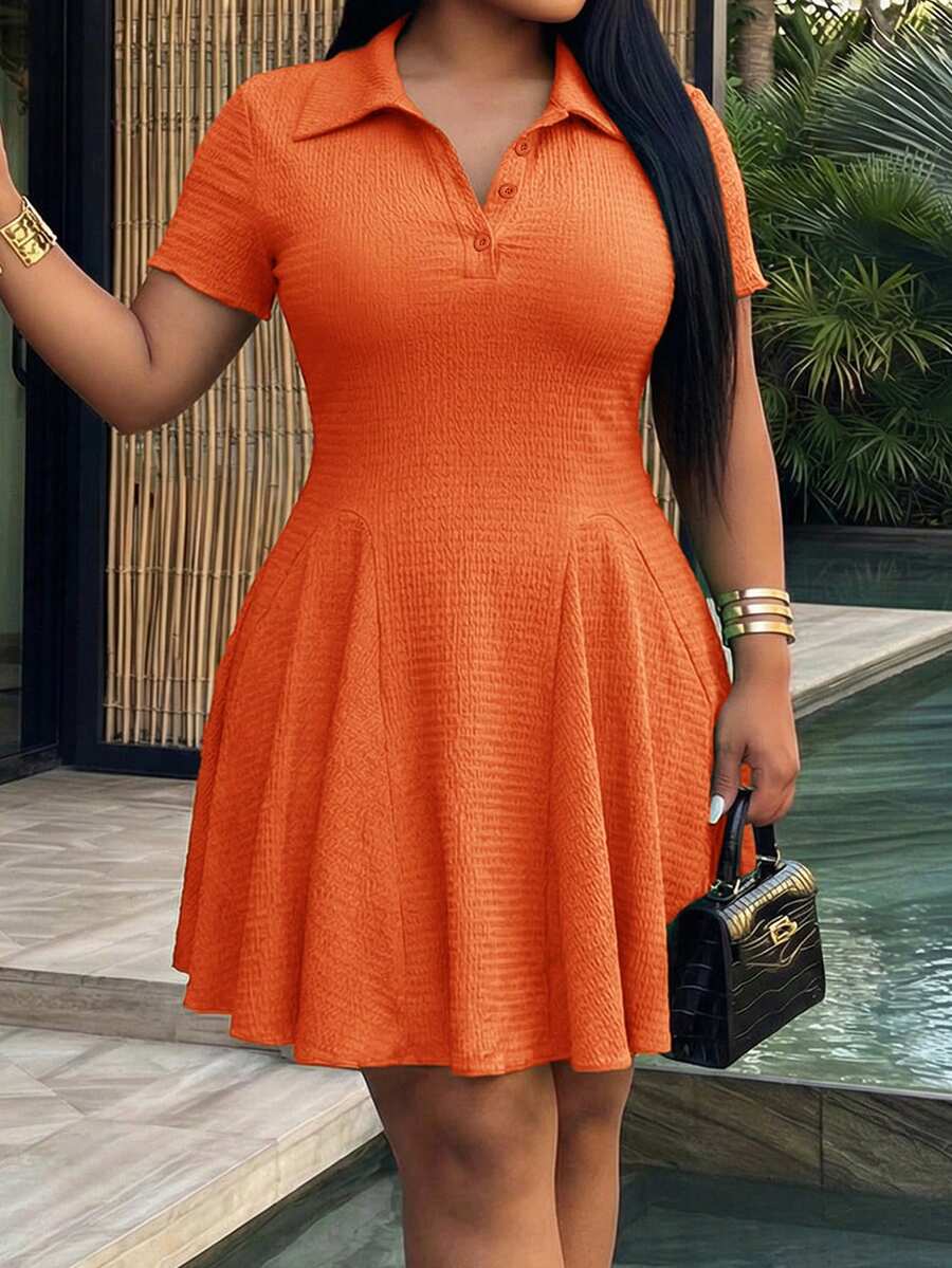 Slaydiva 春夏新品，适合生日派对、返校、校园风、日常穿着、休闲、邮轮旅行、海滩、日光浴、街头风、优雅、通勤、商务休闲、派对、宴会等场合，大码修身短袖A字荷叶领夏季连衣裙，绿色 - 橘色 - 查看 1