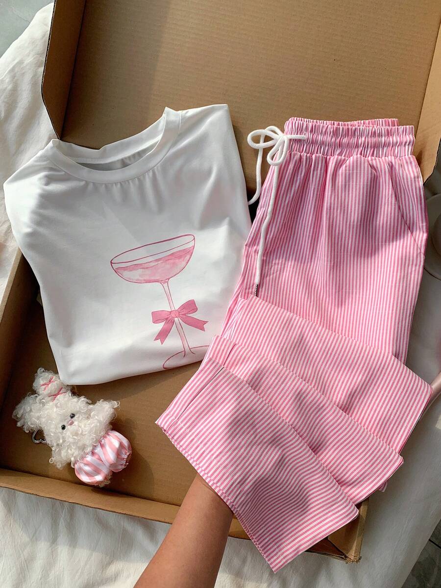 Comfortcana Women's Beverage Print Short Sleeve T-Shirt And Striped Long Pants Casual Cute 2 Pieces Set Lounge Light Pink Pink And White Summer - Multicolor - View 1