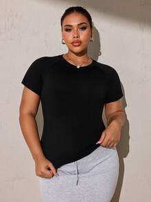 Velisys Velisys Plus Size Women Solid Color Raglan Short Sleeve Sports T-Shirt Gym Sports White Summer Sports Gym With Breathable Fabric Gym - Black and White - View 9