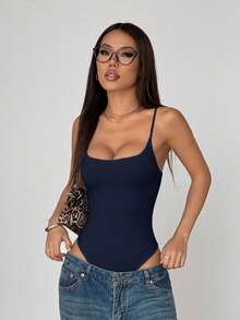 FavEase 女款春夏歐美風辣妹時尚極簡修身低領素色休閒百搭連身衣 - 藏蓝色 - 查看 3