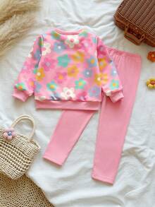 SHEIN Vintaside Kids 女童黃色漸層花卉長袖運動衫與黃色羅紋內搭褲套裝，春/秋休閒可愛穿搭 - 彩色 - 查看 2