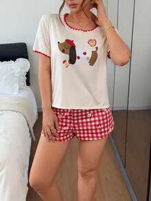 Napfluff Contrast Trim Round Neck Cute Dachshund Cartoon Print Short Sleeve Shorts Pajama Set - Multicolor - View 4