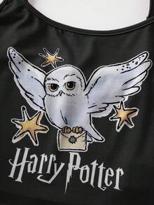 HARRY POTTER X SHEIN 女款字母印花細肩帶上衣與短褲睡衣套裝 - 黑粉紅色 - 查看 3