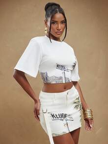 NYA SZN Damen Casual Crop Top mit Palmen-Muster, Rundhalsausschnitt und kurzen Ärmeln - Verschiedenfarbig - Übersicht 7