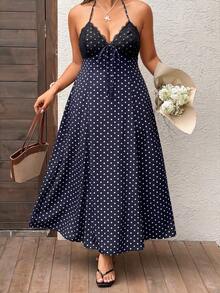 Sunnyshic Robe longue bleu marine à pois avec patchwork de dentelle, col en V, dos nu, nouée dans le dos, coupe trapèze, pour femmes, été, élégante, bohème, douce, mignonne, vacances, plage - Bleu marine - Voir 8