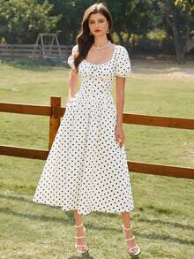 Vintamour Robe à pois imprimés doux à la française avec fronces et nœud pour femmes - Blanc - Voir 9