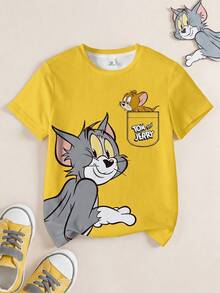 TOM & JERRY X SHEIN Tween Boys' Casual Cartoon Print T-Shirt, Summer - White - View 1