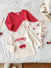 SHEIN Vintaside Kids 3pcs/Set Baby Girl Fashion Spring/Autumn New Printed Tops Back-To-School Graduation Red Beige Cute - Multicolor - View 1