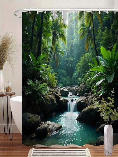 1pcs180 * 200cm Tropical Waterfall Shower Curtain, Waterproof And Mildew Proof, Machine Washable, Made Of Polyester Material, Non Shading, Lightweight And Breathable. Contains 12 Hooks