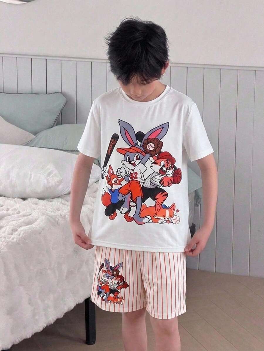 SHEIN 青少年男孩可愛卡通塗鴉酷圖案圓領短袖T恤與藍白條紋短褲睡衣套裝,柔軟舒適親膚家居服,運動套裝,Y2k套裝,夏季短褲,夏季穿搭,夏季衣物,男孩套裝兒童套裝,適合春季/夏季,外出,情人節,約會,旅行,度假,家庭聚會,返校,婚禮季節,晚間派對,運動,生日派對 - 藍白色 - 查看 1