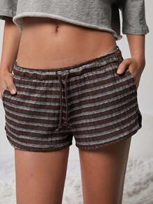 WESTFADE Cute Mid Rise Tie Front Textured Knit Lounge Striped Mini Short, Casual Fall Autumn Winter, Lounge, Country Look, Cowgirl, Western, Back To School - Brown - View 4