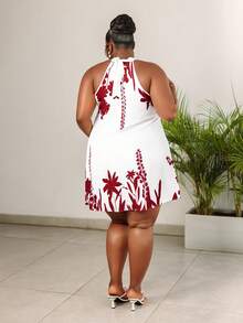 CurvyTilda Casual Floral Pattern Halter Neck Loose Short Plus Size Dress, Suitable For Summer Chic Dress Elegant Vacation - Rose Red - View 2