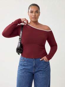 Solavibe Plus Size Spring/Autumn Casual Simple Normal Asymmetrical Collar Long Sleeve T-Shirt Dates Fashion Week Vacation Burgundy - Burgundy - View 4