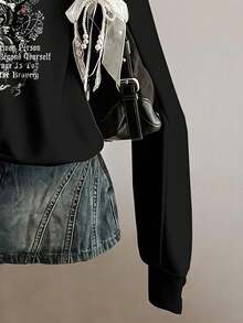 SHEIN EZwear 女款休閒印花寬鬆半拉鍊高領輕量套頭運動衫，秋冬花卉圖案灰色寬鬆半拉鍊高領薄款套頭運動衫 - 黑色 - 查看 5