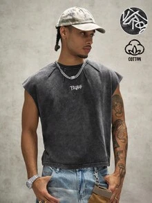 PAVTROS Men's Letter Embroidered Crew Neck Casual Versatile Tank Top - Black - View 1