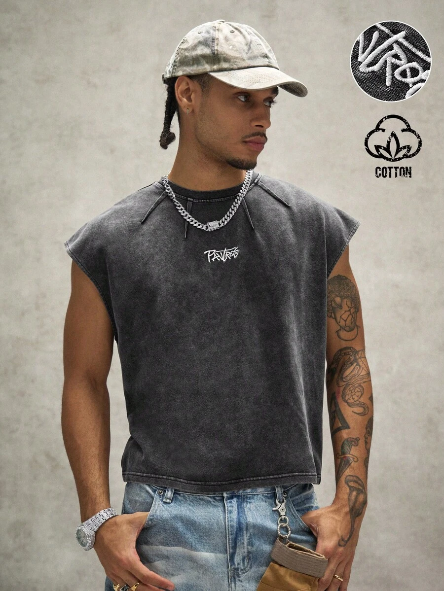PAVTROS Men's Letter Embroidered Crew Neck Casual Versatile Tank Top - Black - View 1