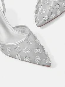 CUCCOO HITCHD 夏季新款刺繡亮片花卉設計尖頭紅酒杯跟優雅浪漫網紗女款高跟鞋一腳蹬新娘鞋約會鞋 - 銀色 - 查看 4