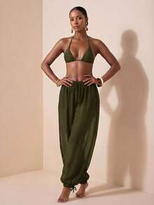 Zivah New Women's Vacation Casual Beach Pool Party Semi-Sheer Chiffon Fabric Elastic Waist Pants Cover-Up Bathing Suit Swimsuits - Army Green - View 6