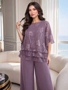 Auveirra Setelan 2 Potong Wanita Ukuran Besar Motif Bunga Lengan 3/4 dan Celana Panjang Lebar, Elegan untuk Musim Panas - Purple - View 4