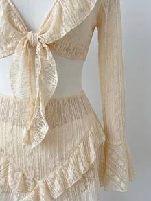 SHEIN Swim Mod 2022春夏度假沙滩四件套：可爱提花米色配套和服罩衫、半身裙和泳衣 - 米色 - 查看 3