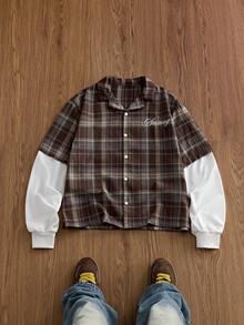SWAVVY Men's Letter Print Plaid 2 In 1 Patchwork Casual Daily Shirt - Khaki - View 2