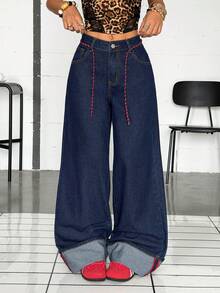 Jeanoix Women's Ultra Low Waist Wide Leg Jeans With Extra Wide Cuffs - Blue - View 3