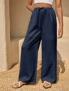 青少年女孩白色休閒長褲，抽繩亞麻風沙灘褲，優雅夏季度假陽光休閒波希米亞風白色機場沙灘褲，春季假期 - 藏蓝色 - 查看 5