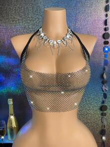 MidnightGlam Sujetador tipo cami con superposición de red de malla con strass para ropa de fiesta de vacaciones, lencería sexy para mujeres, luna de miel, caliente, noche de cita, lencería sexy de encaje, atuendo sexy - Negro - Ver 1