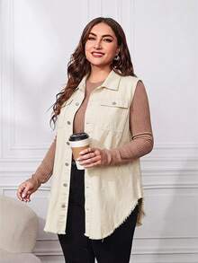 EMERY ROSE Plus Size Casual Solid Color Sleeveless Denim Jacket - Apricot - View 2