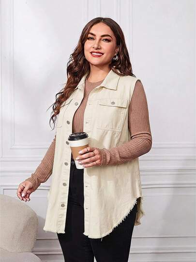 EMERY ROSE Áo khoác denim sát nách màu trơn phong cách thường ngày size lớn