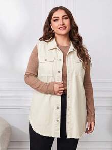 EMERY ROSE Plus Size Casual Solid Color Sleeveless Denim Jacket - Apricot - View 1